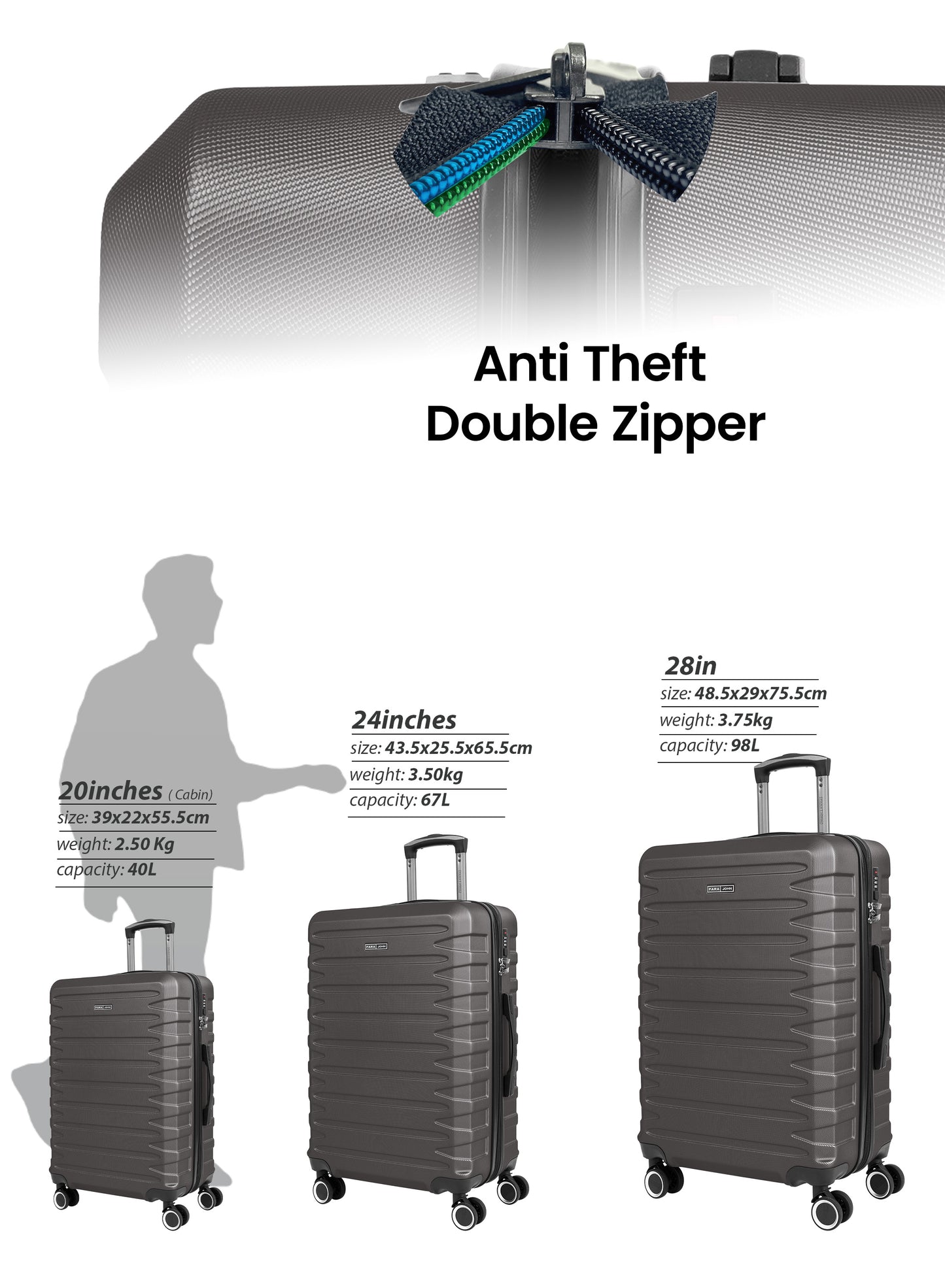 Parajohn Evoline Series 3 Piece Lightweight Luggage Set | Small 10KG, Medium 20KG & Large 30KG ABS 8 Wheels Luggage