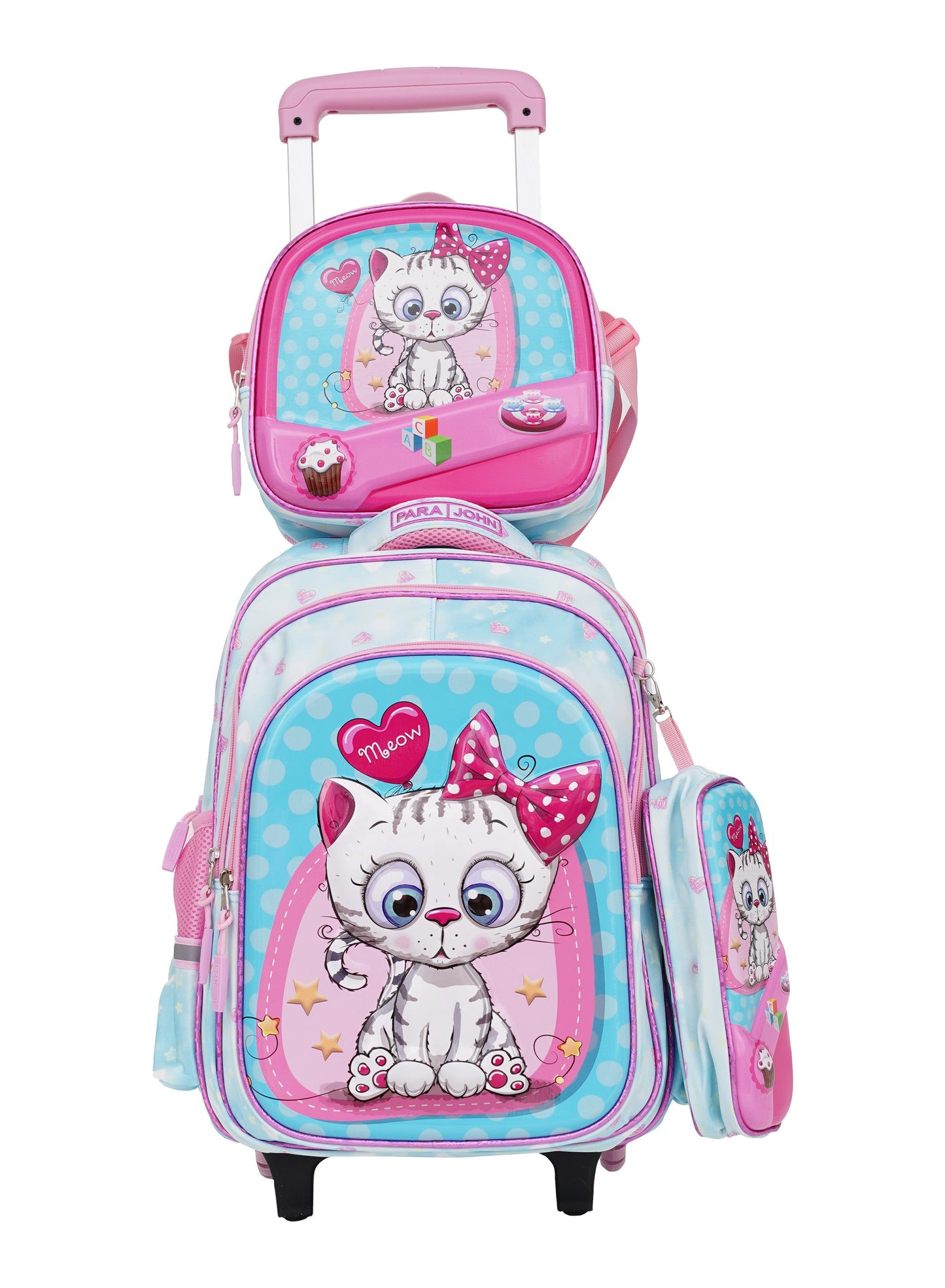 Para John Kiddokit Series Kids 3-Piece Roller School Bag Set – 16 Inch Trolley Backpack, Lunch Bag & Pencil Case  - Pink 2  PARAJOHN UAE