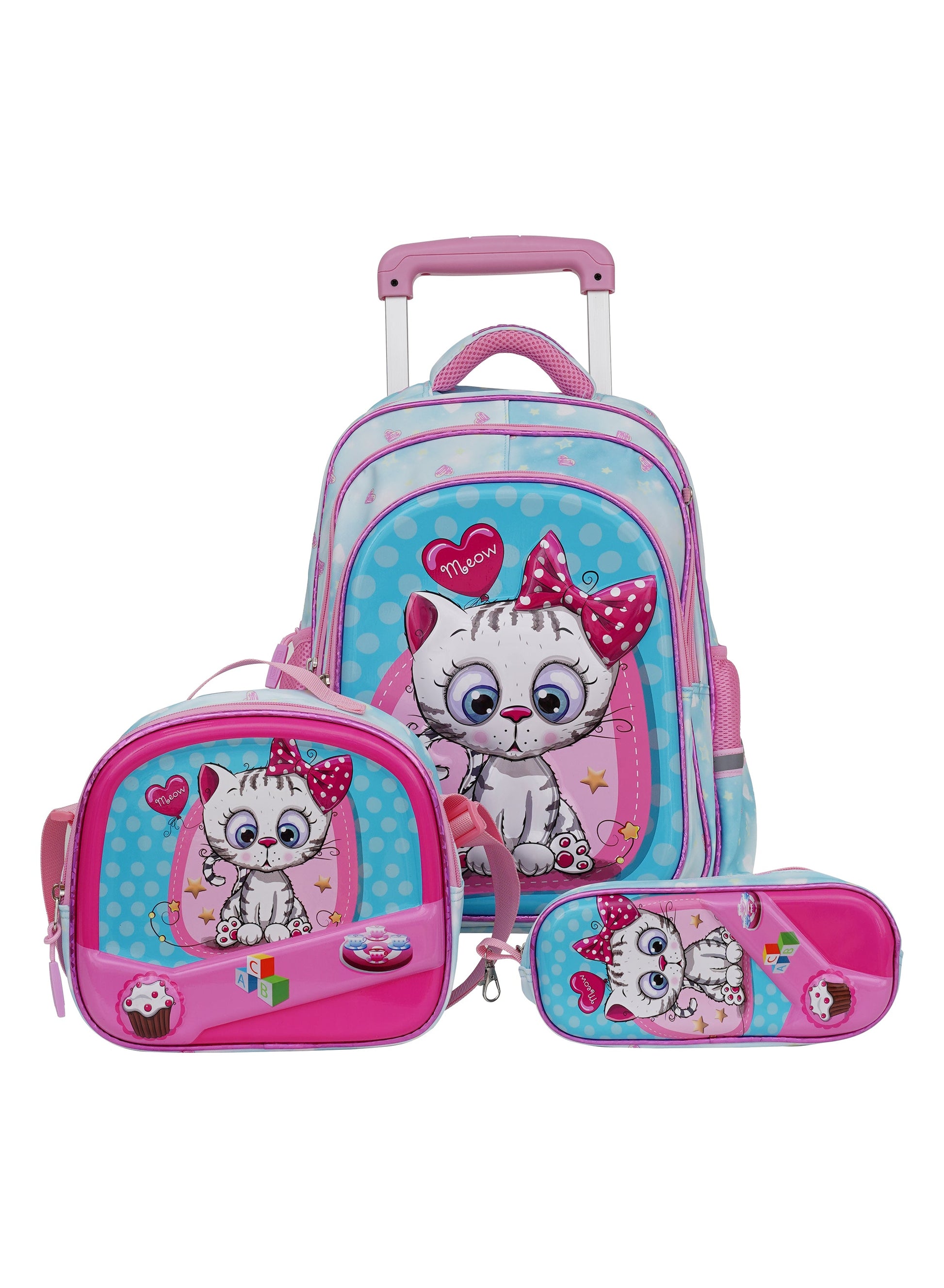 Para John Kiddokit Series Kids 3-Piece Roller School Bag Set – 16 Inch Trolley Backpack, Lunch Bag & Pencil Case  - Pink 2  PARAJOHN UAE