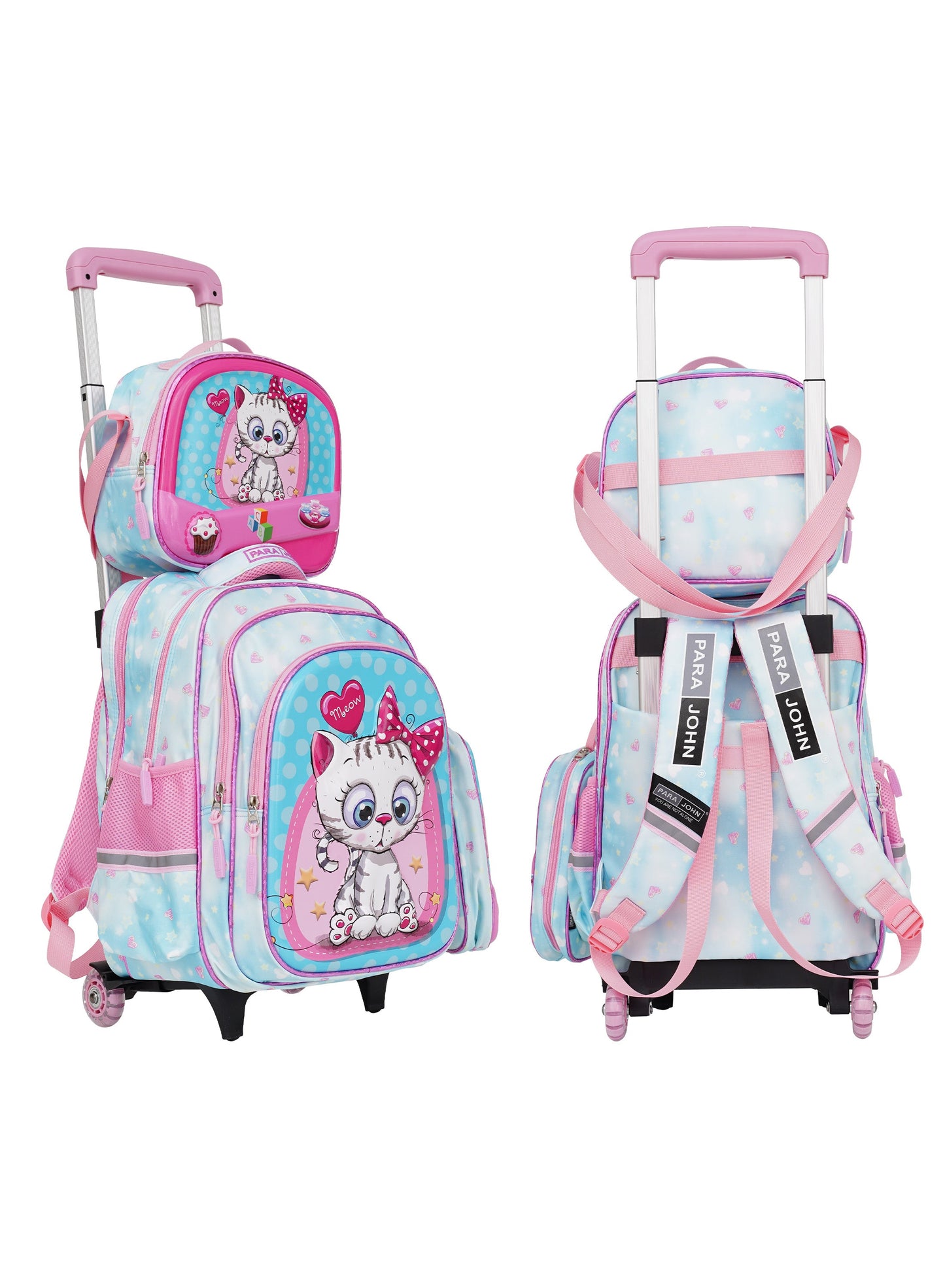Para John Kiddokit Series Kids 3-Piece Roller School Bag Set – 16 Inch Trolley Backpack, Lunch Bag & Pencil Case  - Pink 2  PARAJOHN UAE