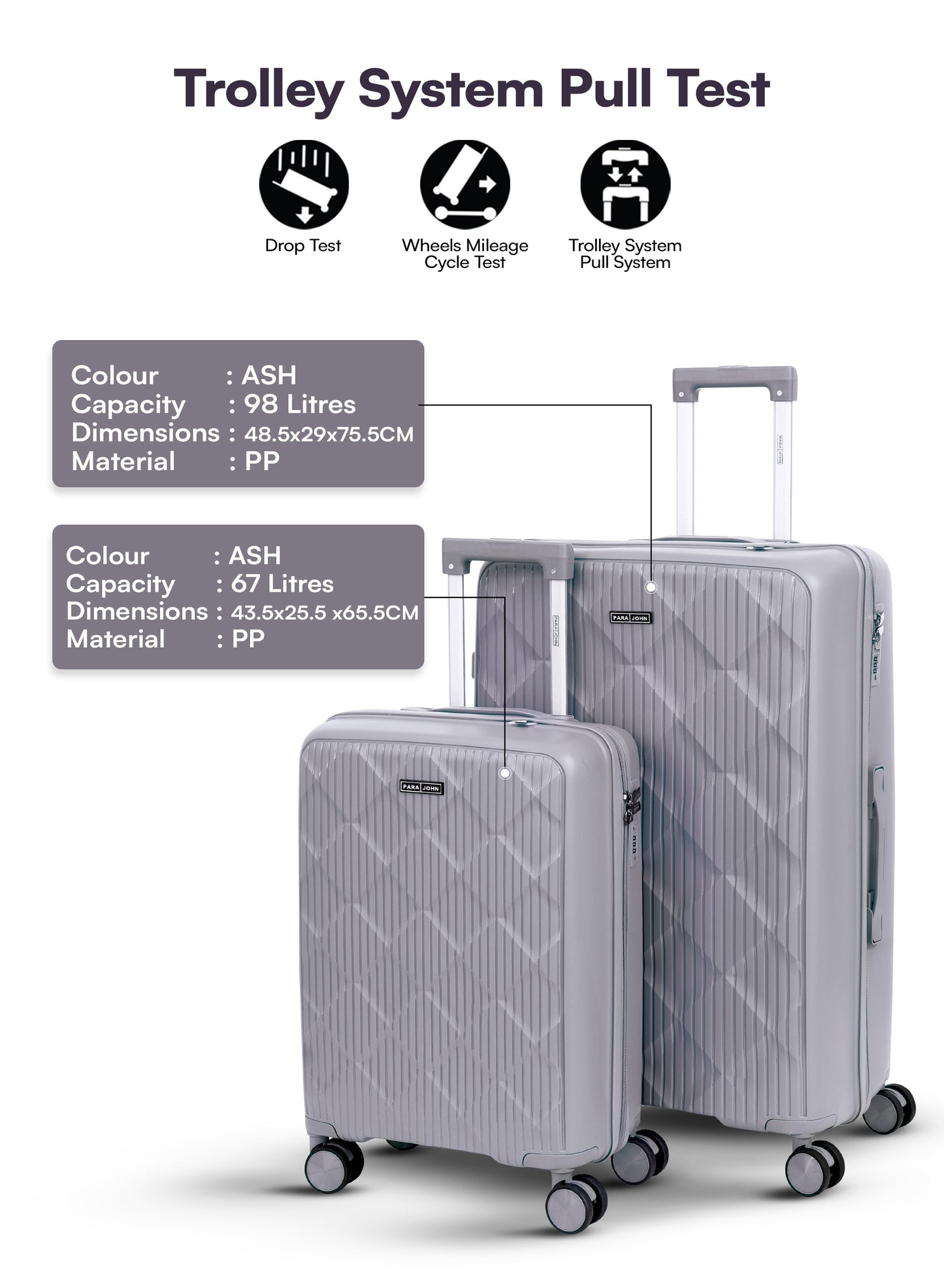 Parajohn CarryX Series Set of 2 Luggage| Small 10KG & Large 30KG Polypropylene 8 Wheel Trolley Hardsided Travel Suitcase