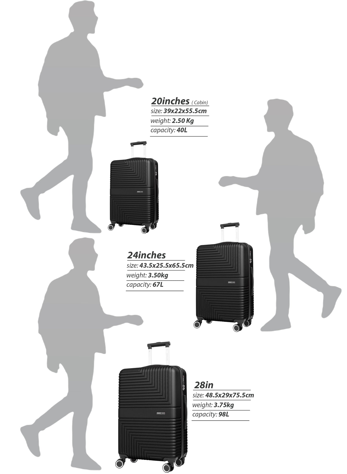 Parajohn Geoflex 3 Piece Lightweight ABS 20, 24 & 28 inches 8 Wheels Luggage Set + Free Backpack