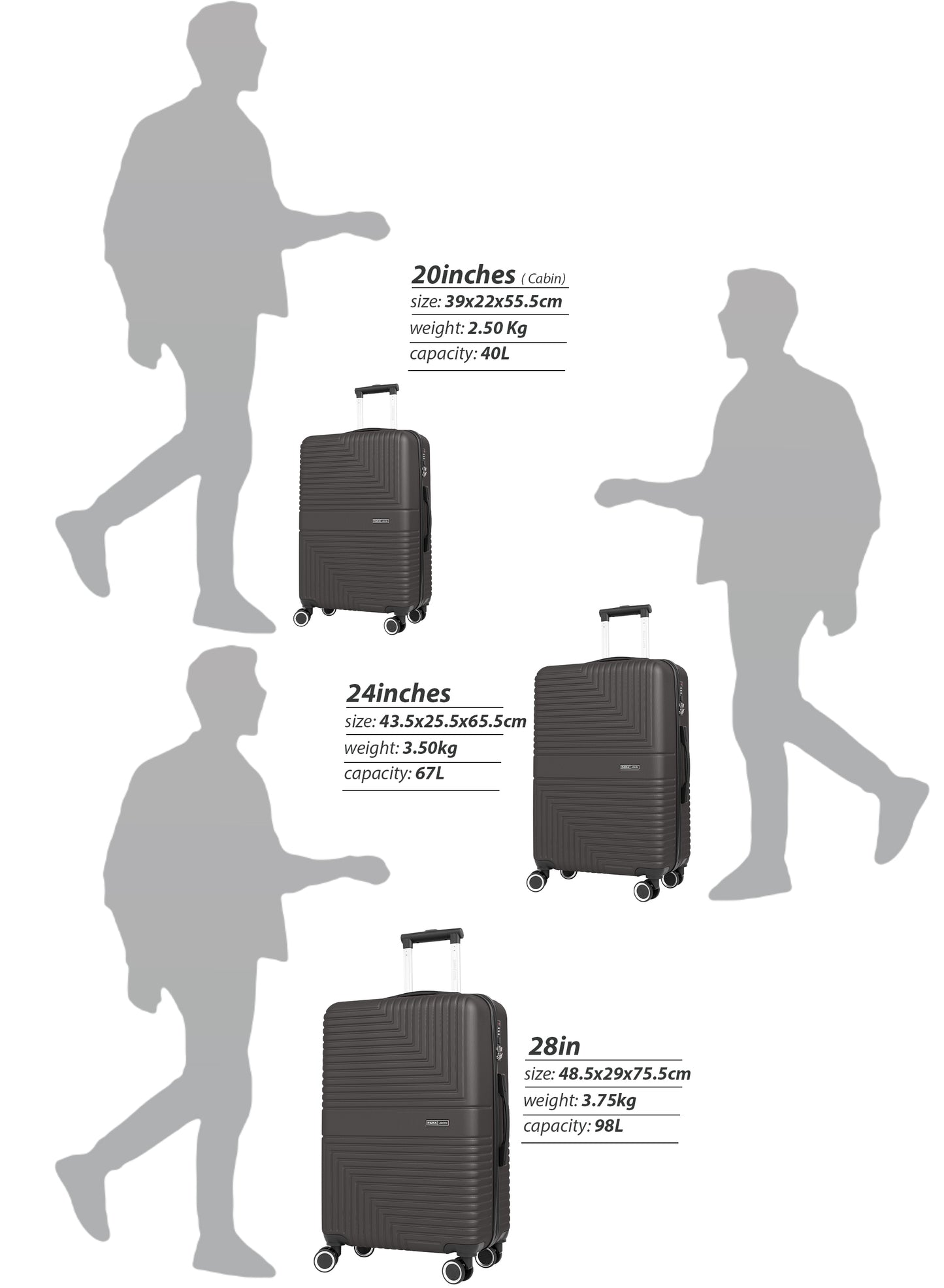 Parajohn Geoflex 3 Piece Lightweight ABS 20, 24 & 28 inches 8 Wheels Luggage Set + Free Backpack