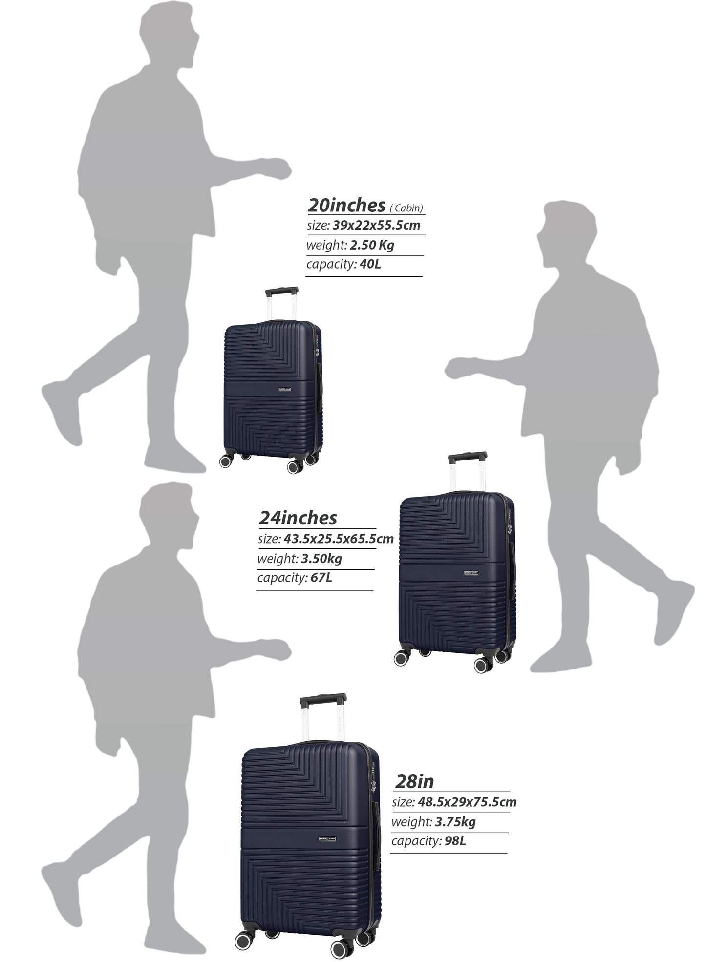 Parajohn Geoflex 3 Piece Lightweight ABS 20, 24 & 28 inches 8 Wheels Luggage Set + Free Backpack