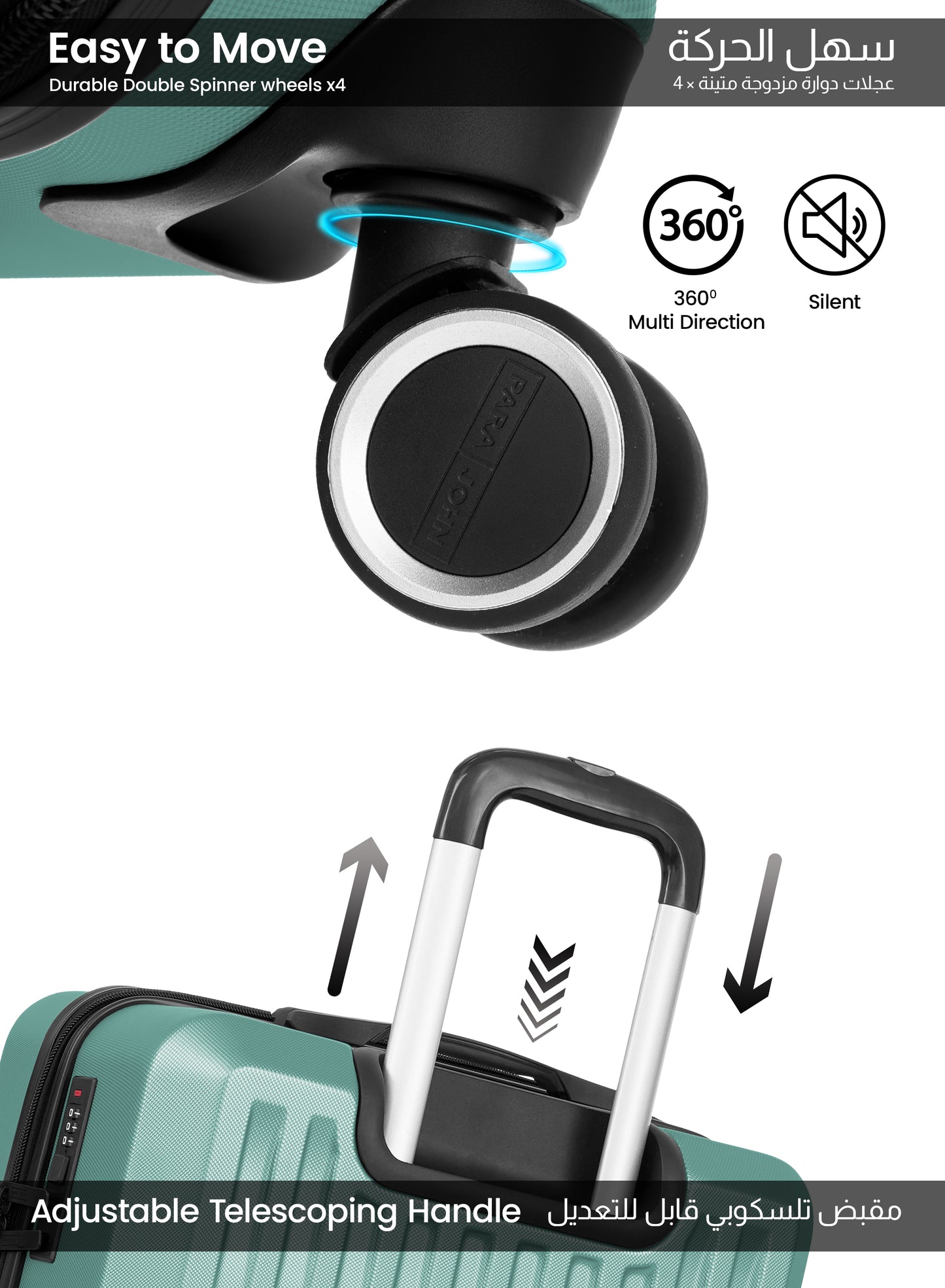 Parajohn Nexus Series 3 Piece Lightweight Luggage Set | Small 10KG, Medium 20KG & Large 30KG ABS 8 Wheels Luggage