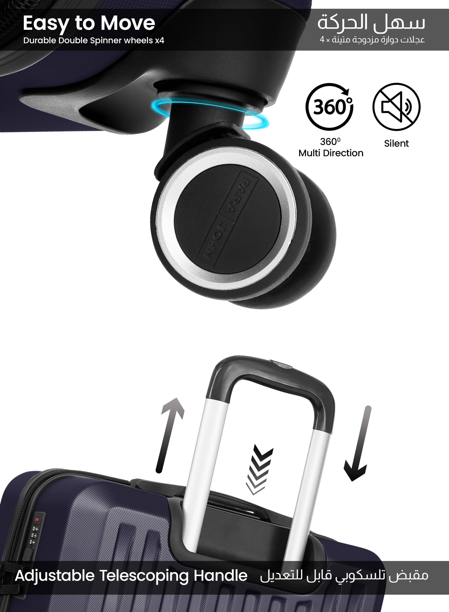 Parajohn Nexus Series 3 Piece Lightweight Luggage Set | Small 10KG, Medium 20KG & Large 30KG ABS 8 Wheels Luggage