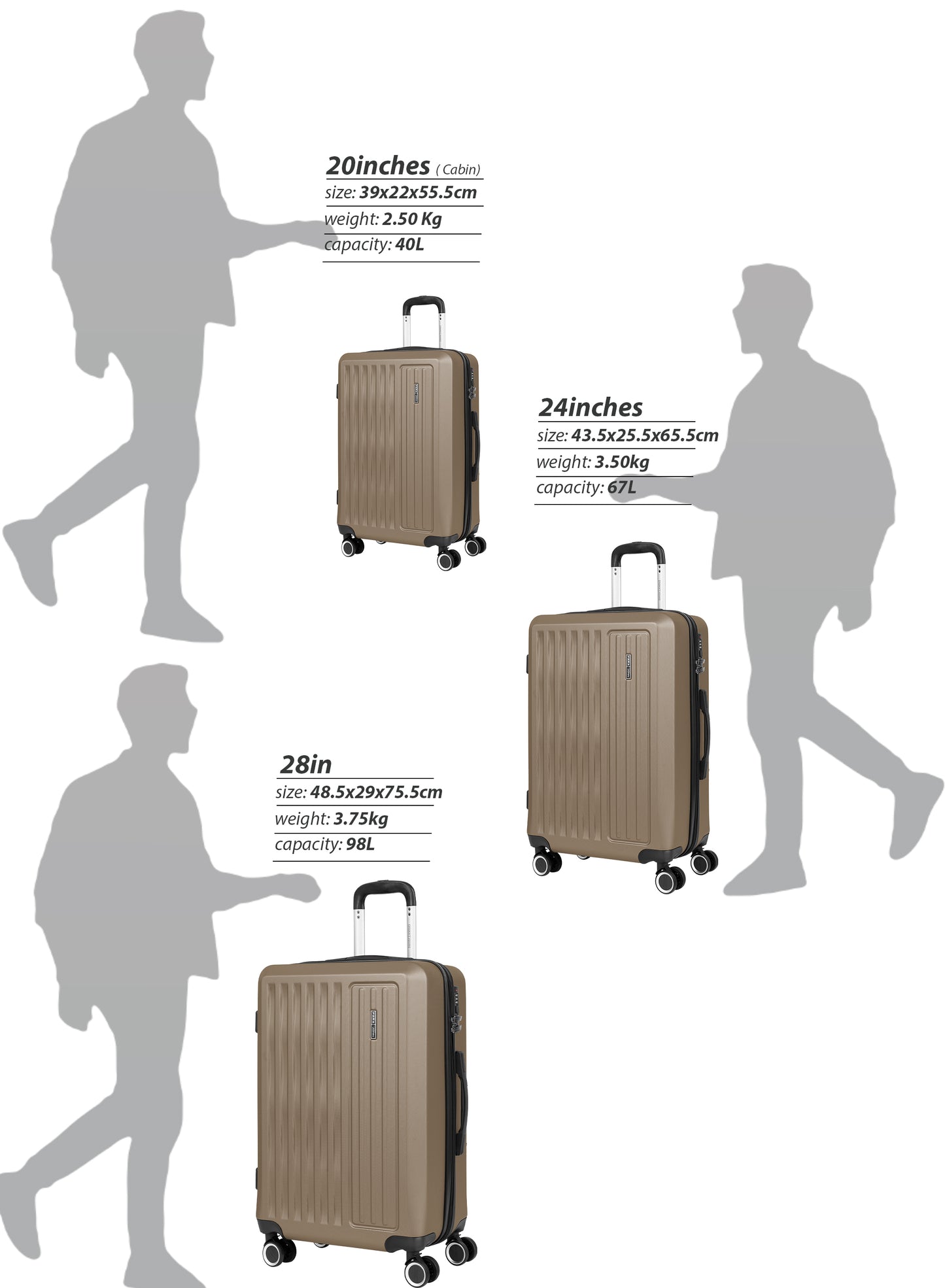 Parajohn Nexus Series 3 Piece Lightweight Luggage Set | Small 10KG, Medium 20KG & Large 30KG ABS 8 Wheels Luggage