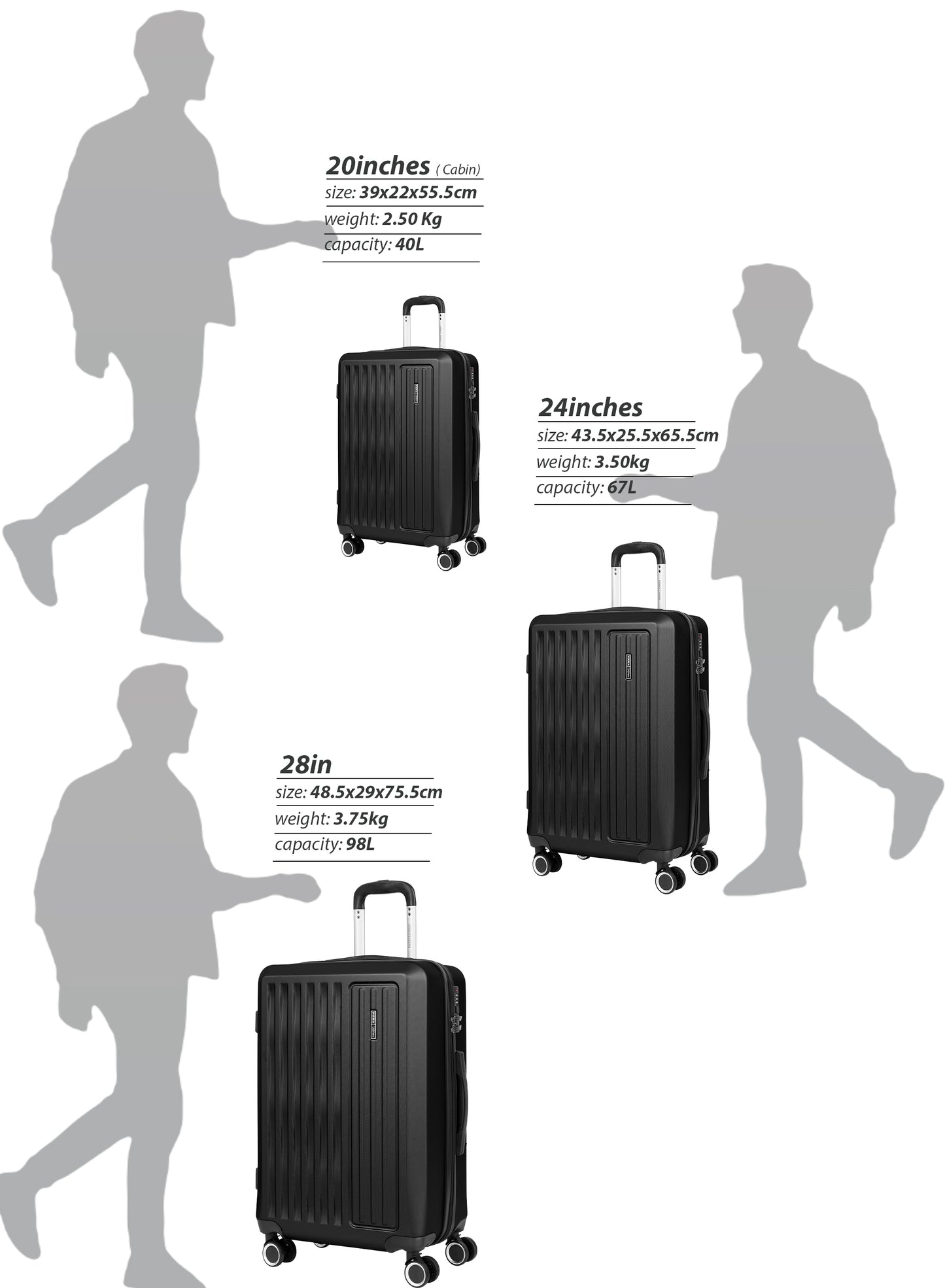 Parajohn Nexus Series 3 Piece Lightweight Luggage Set | Small 10KG, Medium 20KG & Large 30KG ABS 8 Wheels Luggage