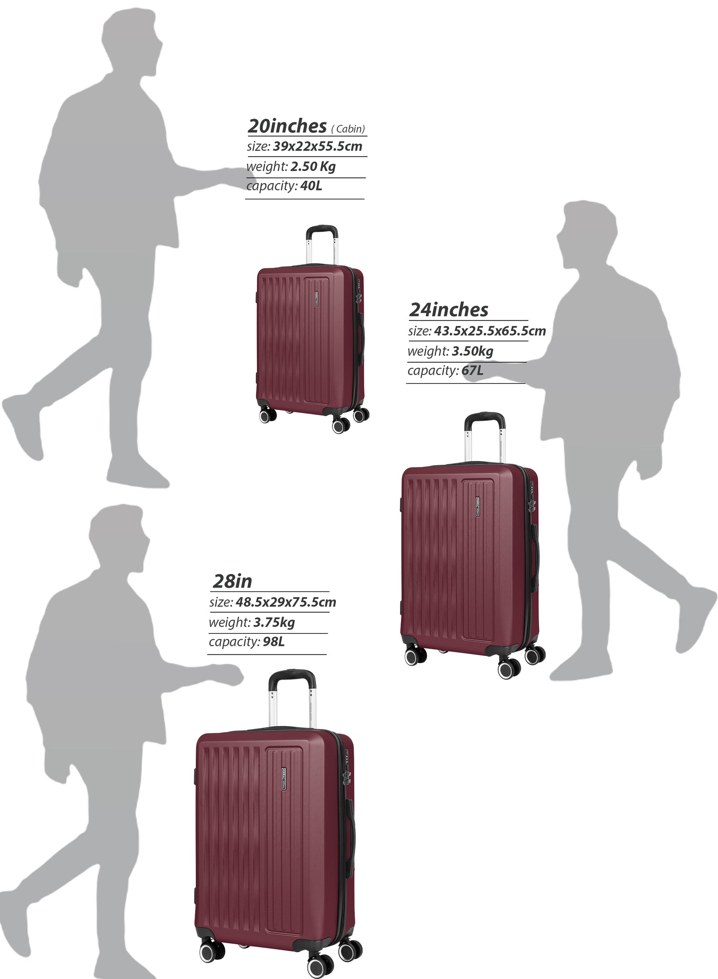 Parajohn Nexus Series 3 Piece Lightweight Luggage Set | Small 10KG, Medium 20KG & Large 30KG ABS 8 Wheels Luggage
