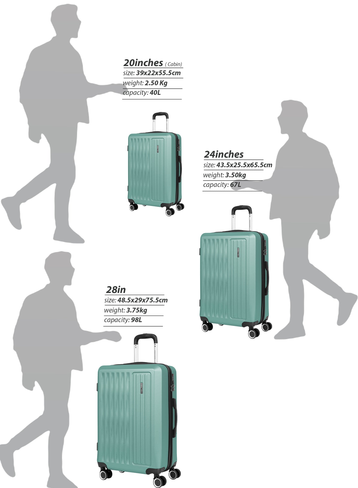 Parajohn Nexus Series 3 Piece Lightweight Luggage Set | Small 10KG, Medium 20KG & Large 30KG ABS 8 Wheels Luggage