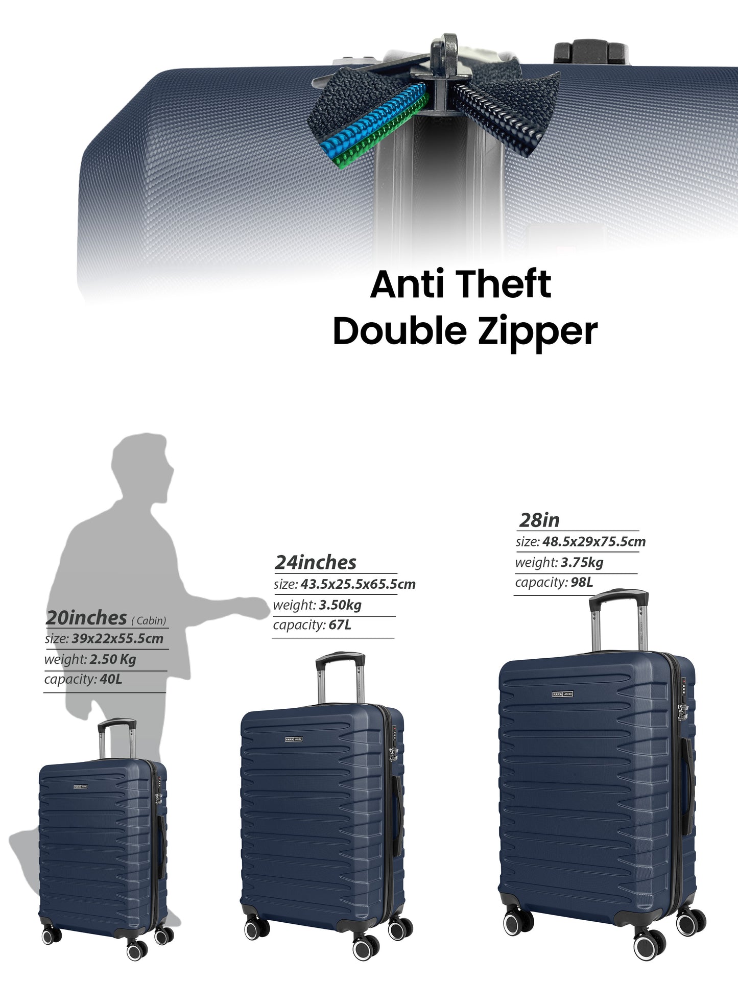 Parajohn Evoline Series 3 Piece Lightweight Luggage Set | Small 10KG, Medium 20KG & Large 30KG ABS 8 Wheels Luggage