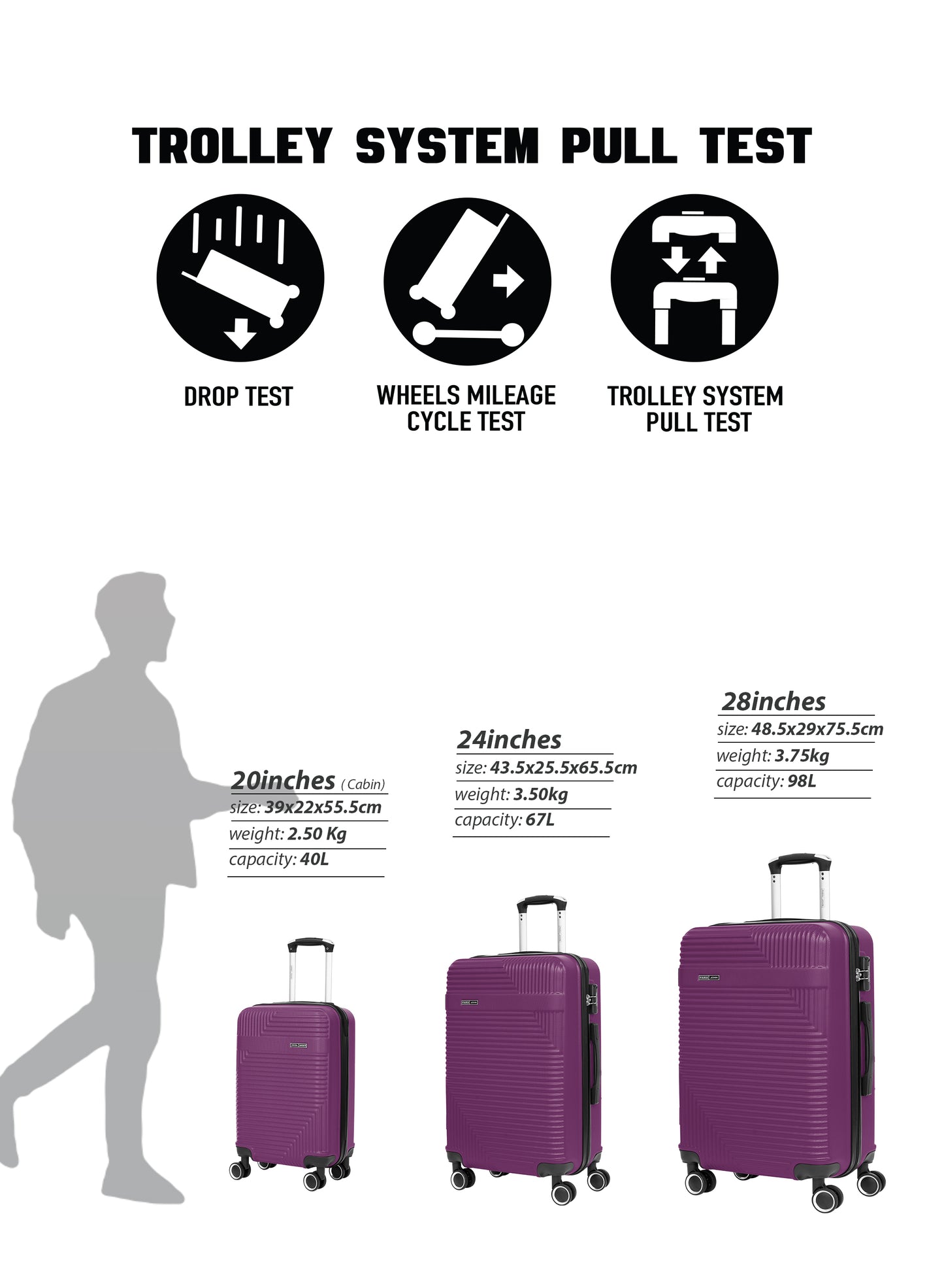 Parajohn Bravo Series 3 Piece Lightweight Luggage Set | Small 10KG, Medium 20KG & Large 30KG ABS 8 Wheels Luggage