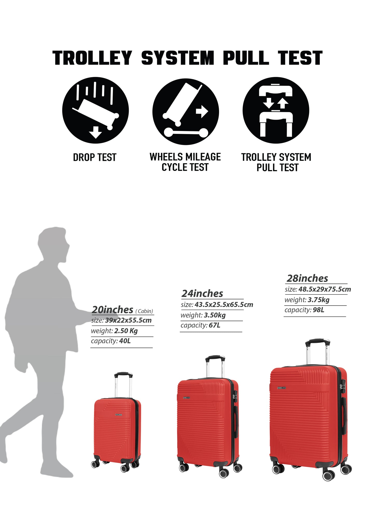 Parajohn Bravo Series 3 Piece Lightweight Luggage Set | Small 10KG, Medium 20KG & Large 30KG ABS 8 Wheels Luggage