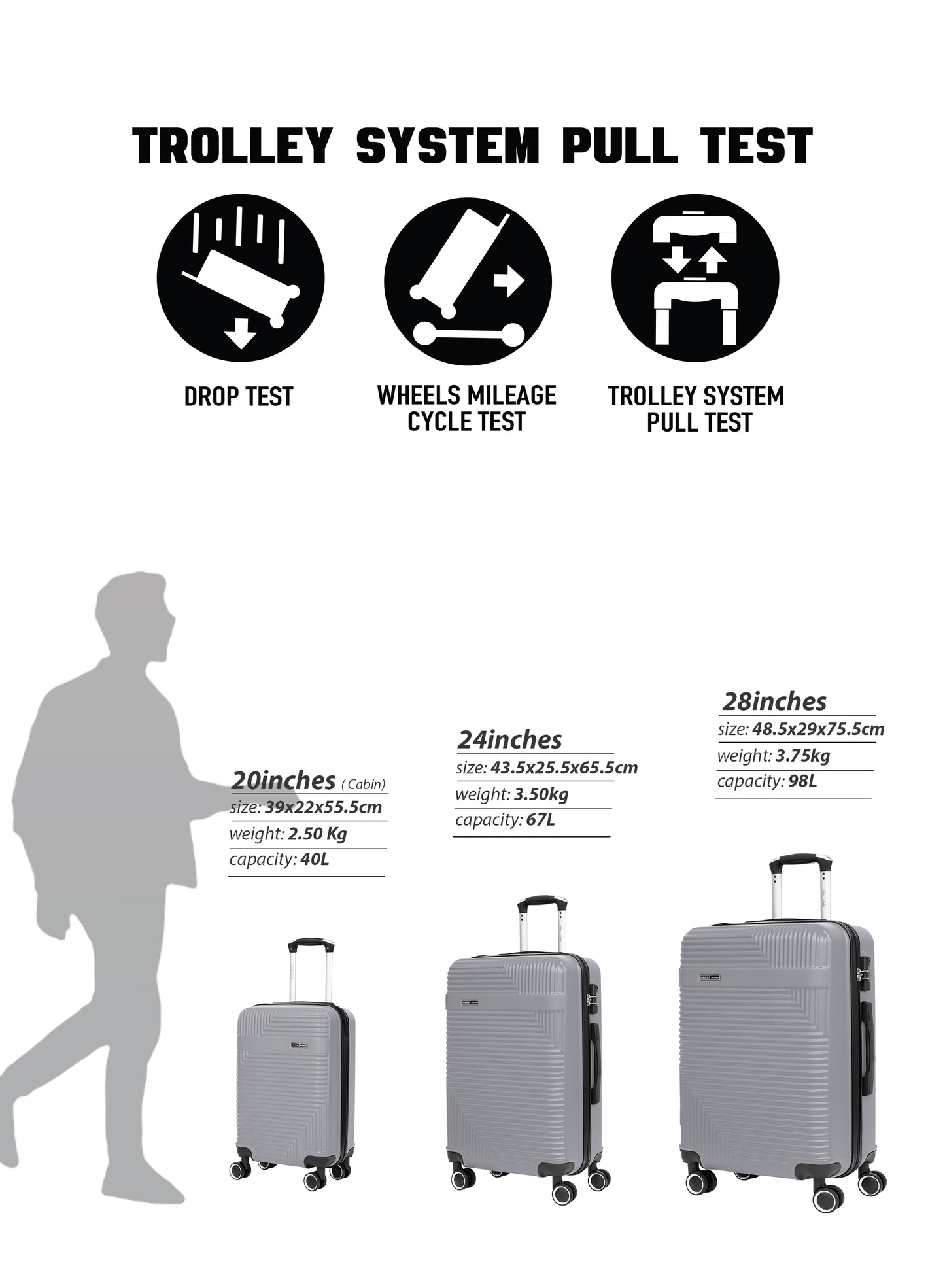 Parajohn Bravo Series 3 Piece Lightweight Luggage Set | Small 10KG, Medium 20KG & Large 30KG ABS 8 Wheels Luggage