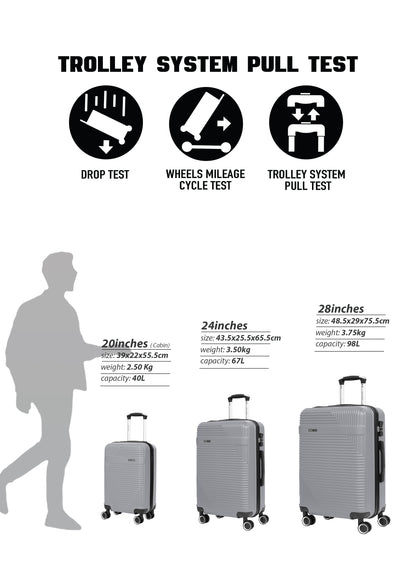 Parajohn Bravo Series 3 Piece Lightweight Luggage Set | Small 10KG, Medium 20KG & Large 30KG ABS 8 Wheels Luggage