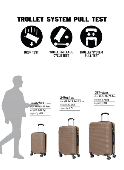 Parajohn Bravo Series 3 Piece Lightweight Luggage Set | Small 10KG, Medium 20KG & Large 30KG ABS 8 Wheels Luggage