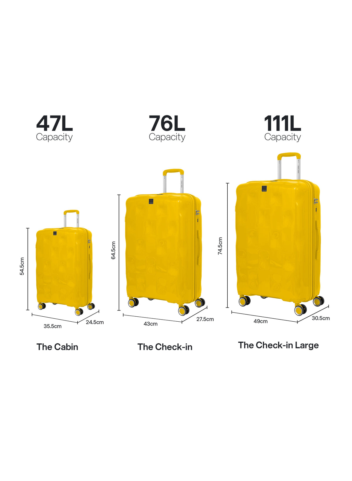 VELTRIX Yellow luggage set sizes – 47L cabin, 76L medium and 111L large