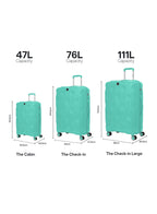 VELTRIX Mint Green luggage set sizes – 47L cabin, 76L medium and 111L large