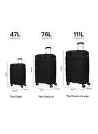 VELTRIX Black luggage set sizes – 47L cabin, 76L medium and 111L large