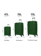 VELTRIX Dark Green luggage set sizes – 47L cabin, 76L medium and 111L large