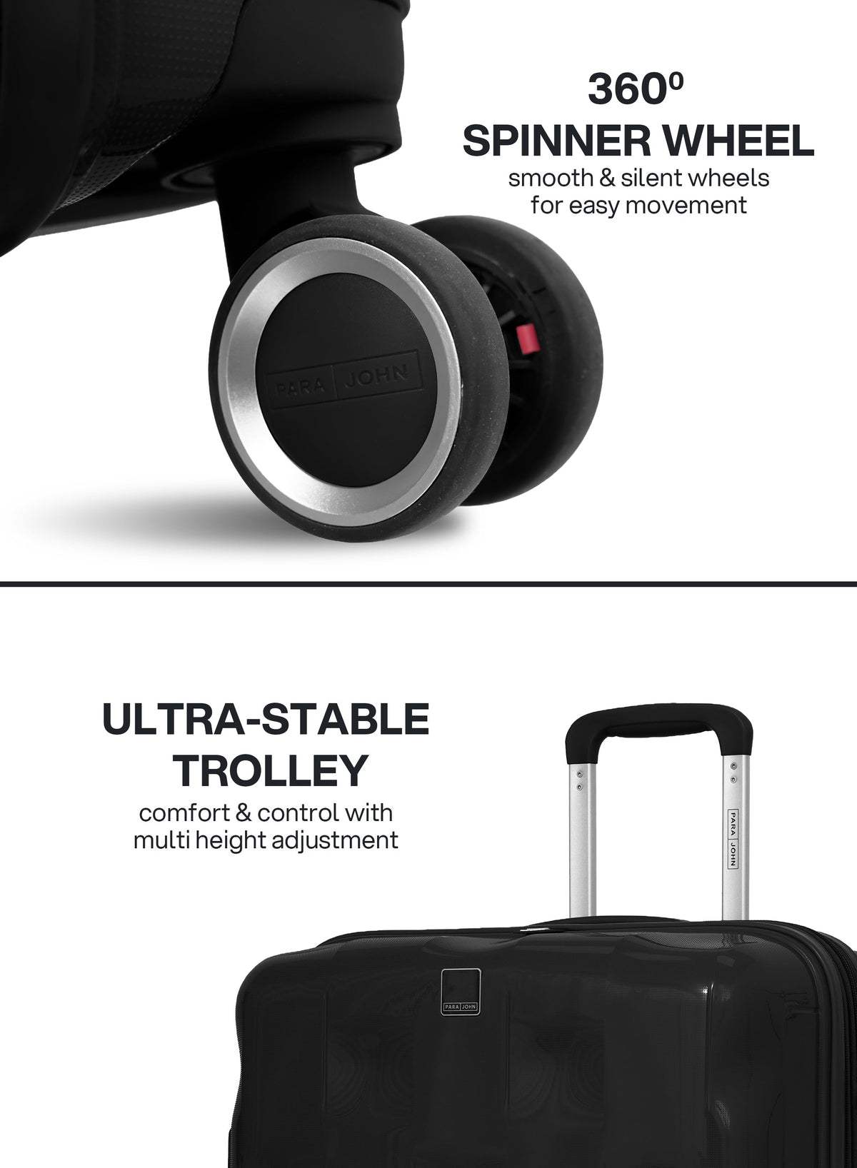VELTRIX Black suitcase 360° double spinner wheels and telescopic trolley handle