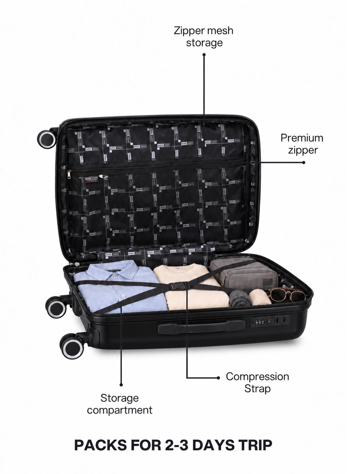 VELTRIX Black suitcase interior with compression straps and zipper mesh pocket