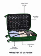 VELTRIX Dark Green suitcase interior with compression straps and zipper mesh pocket