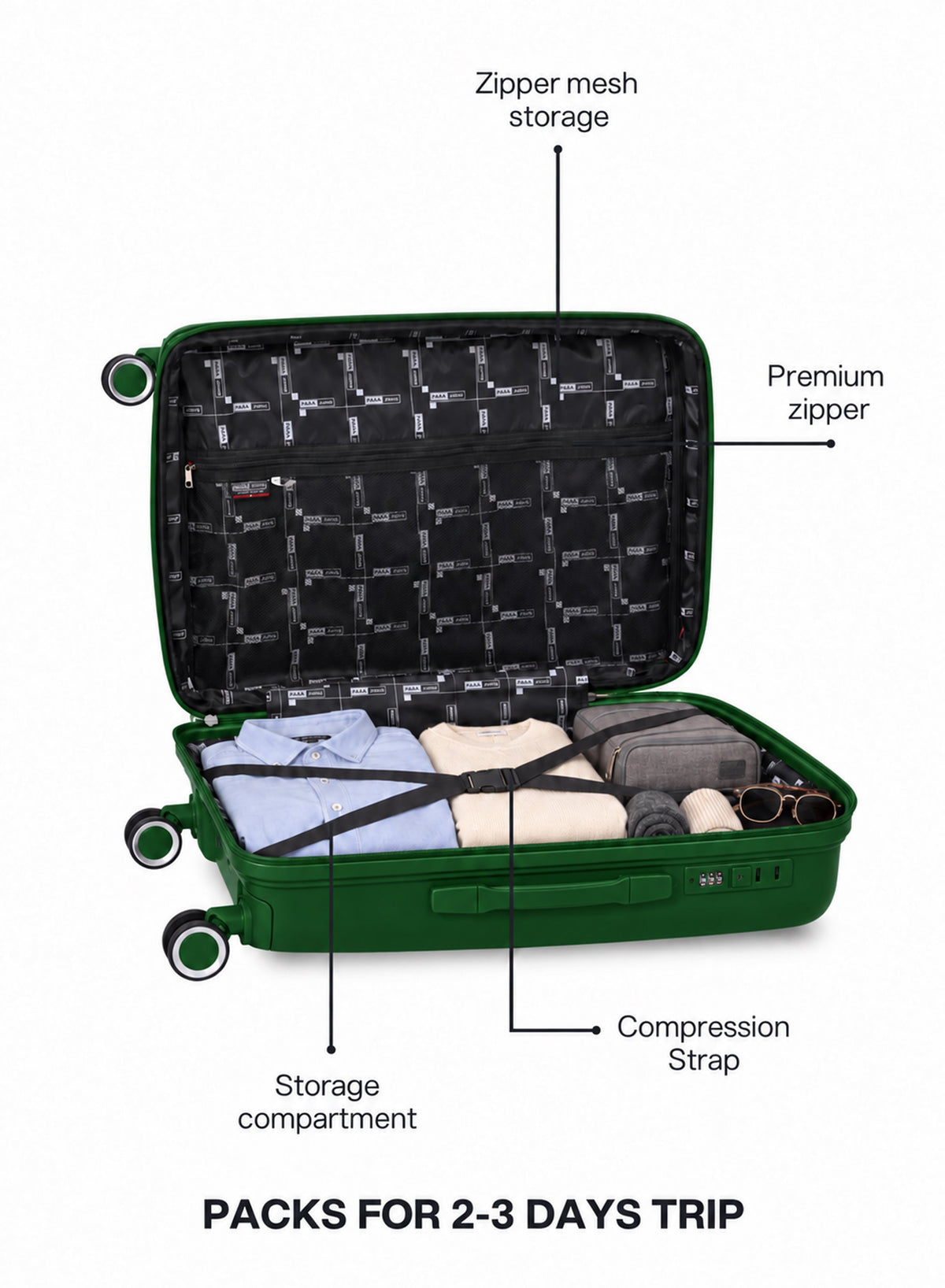 VELTRIX Dark Green suitcase interior with compression straps and zipper mesh pocket