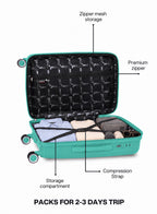 VELTRIX Mint Green suitcase interior with compression straps and zipper mesh pocket