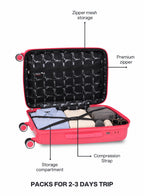 VELTRIX Pink suitcase interior with compression straps and zipper mesh pocket
