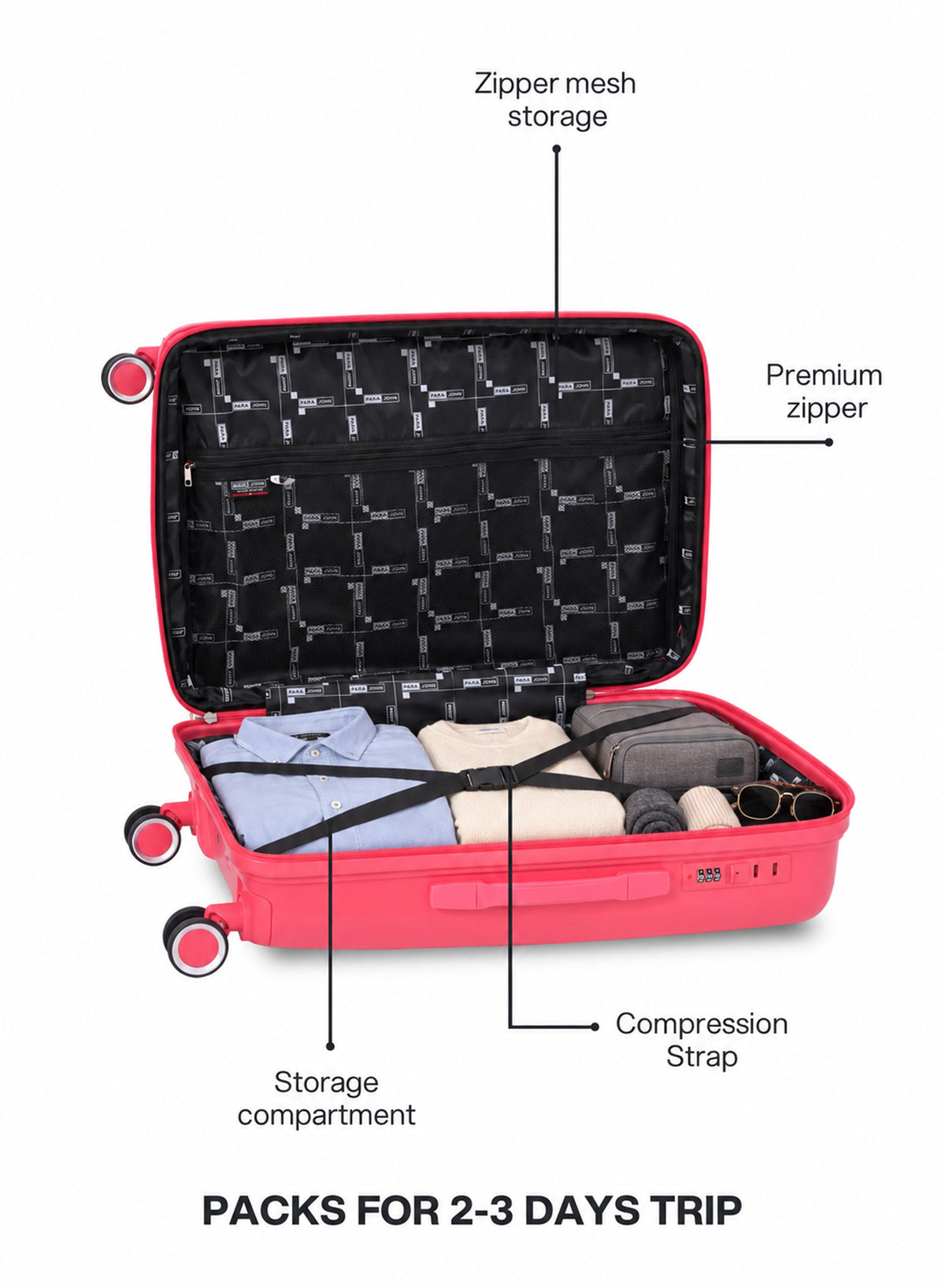 VELTRIX Pink suitcase interior with compression straps and zipper mesh pocket