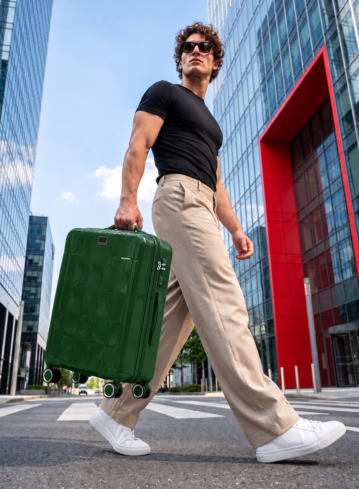 Man pulling PARA JOHN VELTRIX Dark Green suitcase in the city