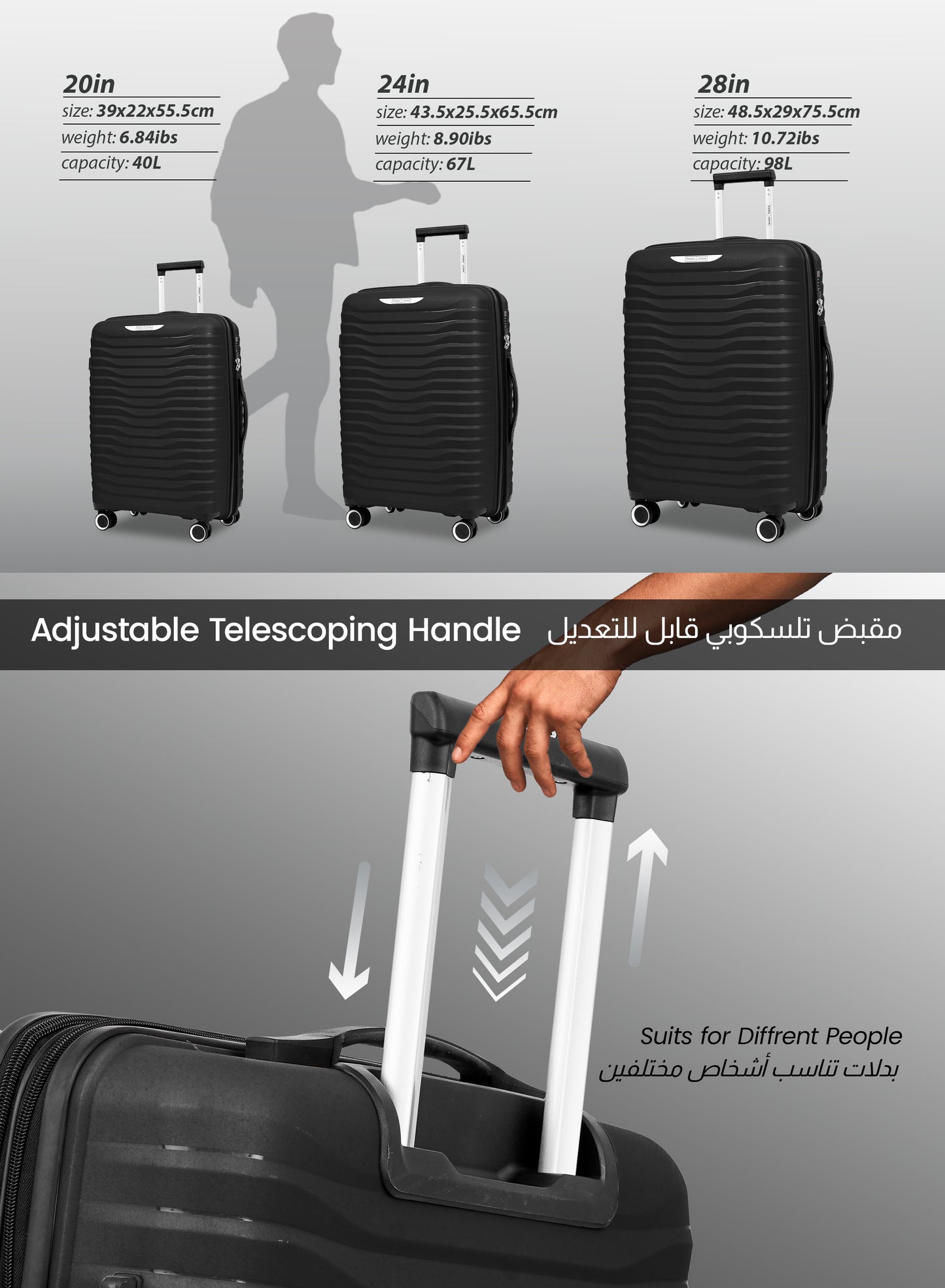 Trace Series 3 Piece Lightweight Expandable Luggage Set | Small 10KG, Medium 20KG & Large 30KG Polypropylene 8 Wheels Luggage