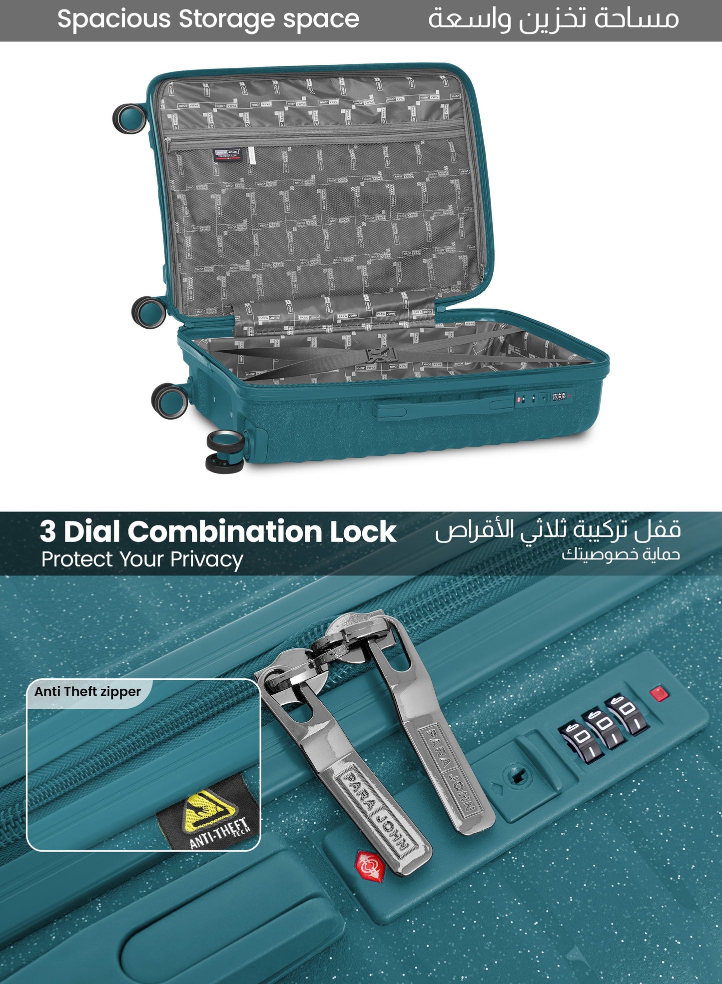 Parajohn Skyridge 3-Piece Anti Theft PP Luggage Set Lightweight Small 10KG, Medium 20KG & Large 30KG ABS 8 Wheels Trolley Hardsided Travel Suitcase  PARAJOHN UAE